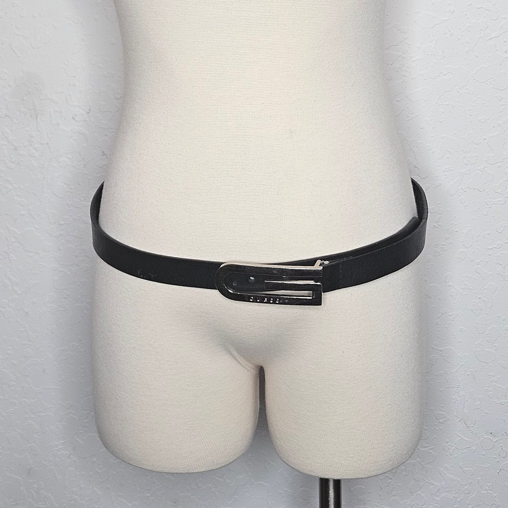 Vintage Guess Black Leather Skinny Belt Silver Logo Buckle Y2K Large